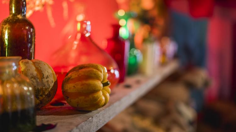 Up close shot of a pumpkin on a shelf