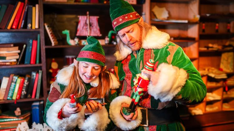 Elves looking at toys in their workshop