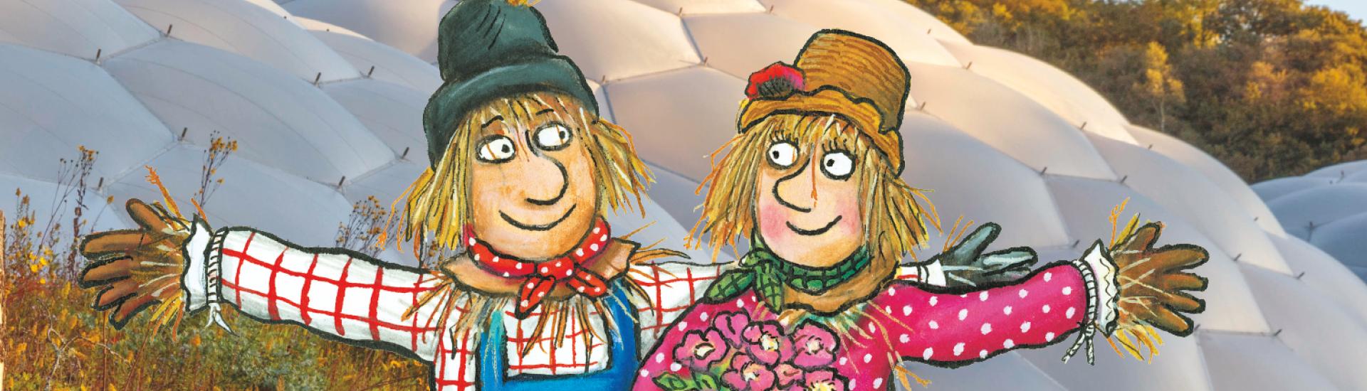 Illustrated scarecrows in front of the Eden Project Biomes, with bunting and a crow above them